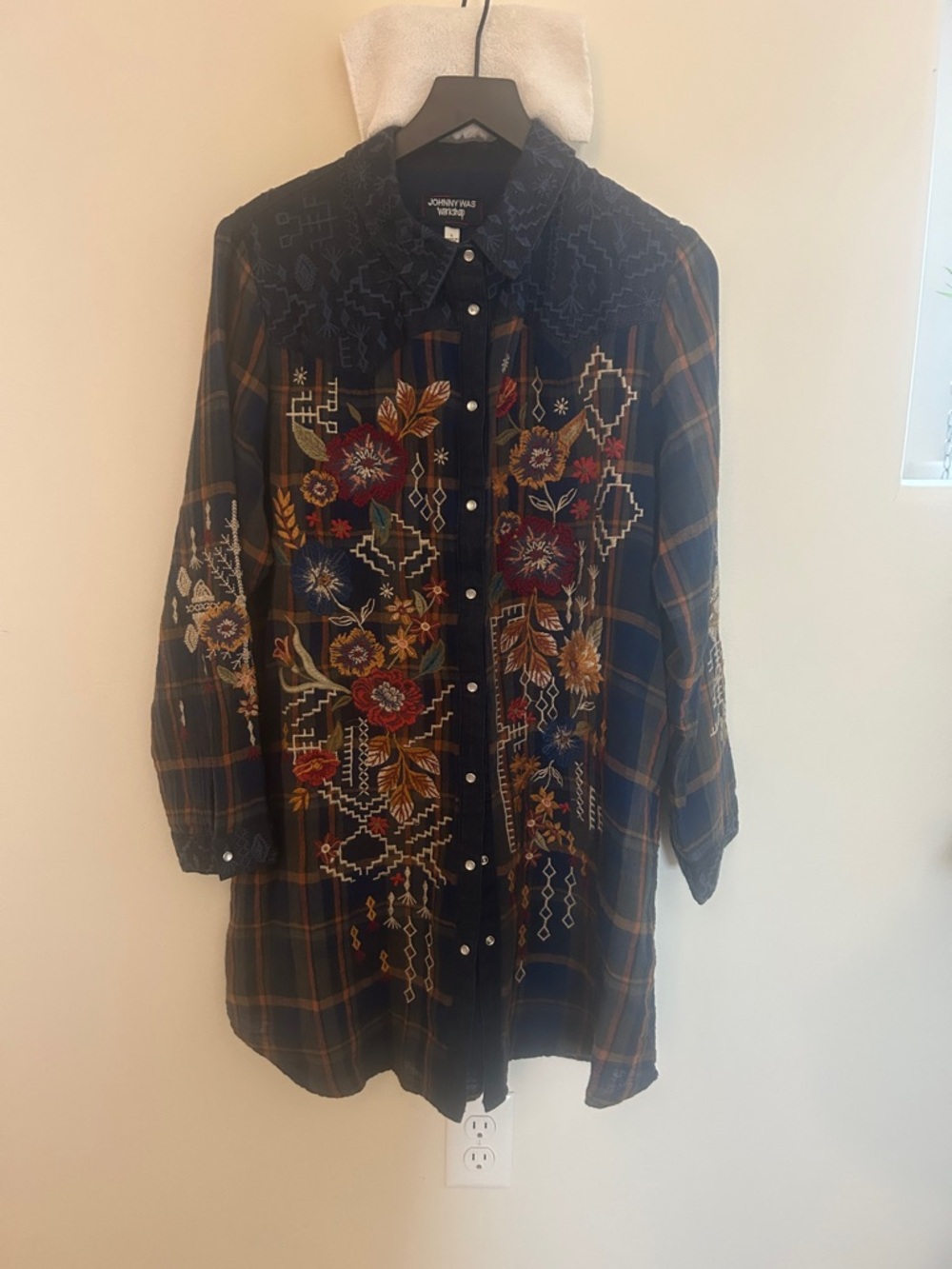 Johnny Was Navy Plaid Tunic with Multicolor Floral Embroidery